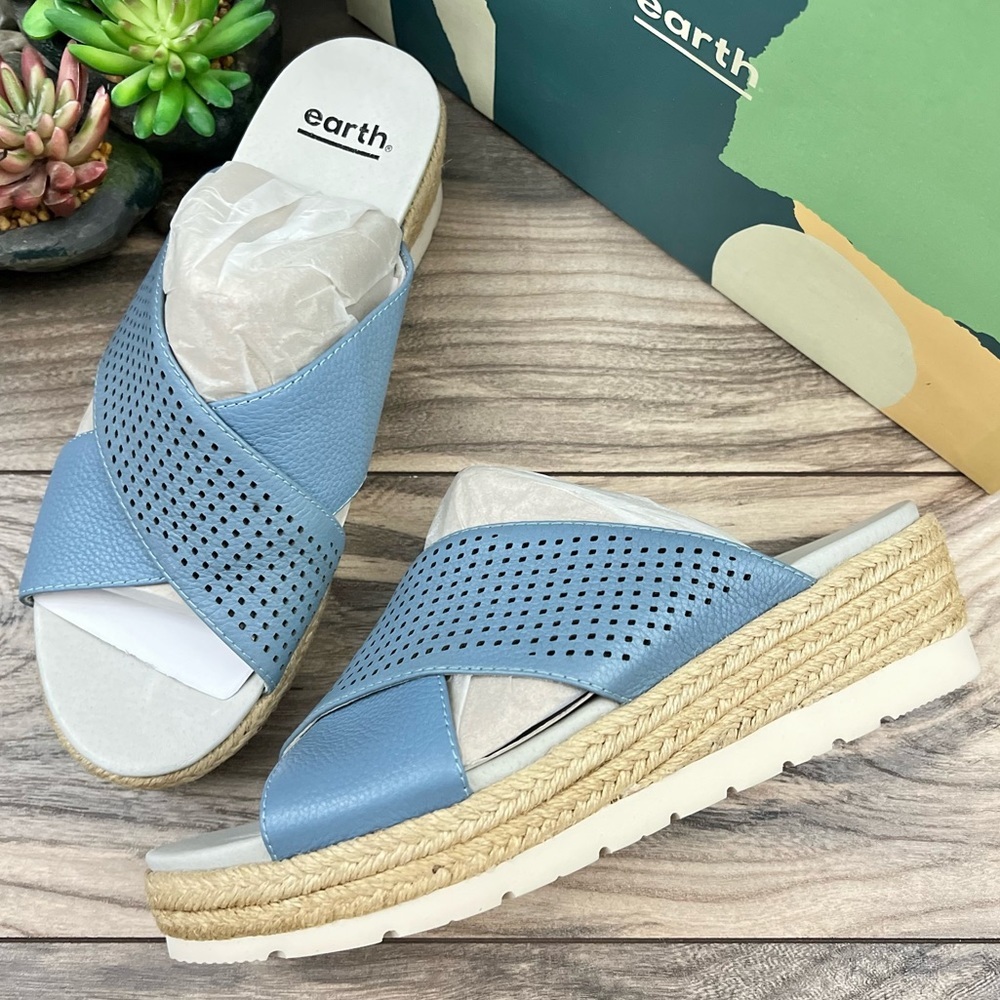 Earth Modena Marigold Espadrille Platform Wedge Slide Sandal 8.5M Blue Leather